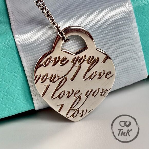 Tiffany & Co Retired Notes Collection Silver I Love You Script Heart Pendant 18” - Picture 10 of 16